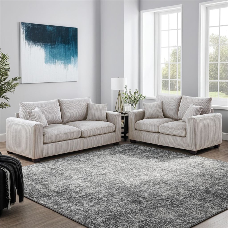 Jesica 2pc Loveseat Sofa Set- 2 Accent Pillows- Ivory Corduroy Fabric