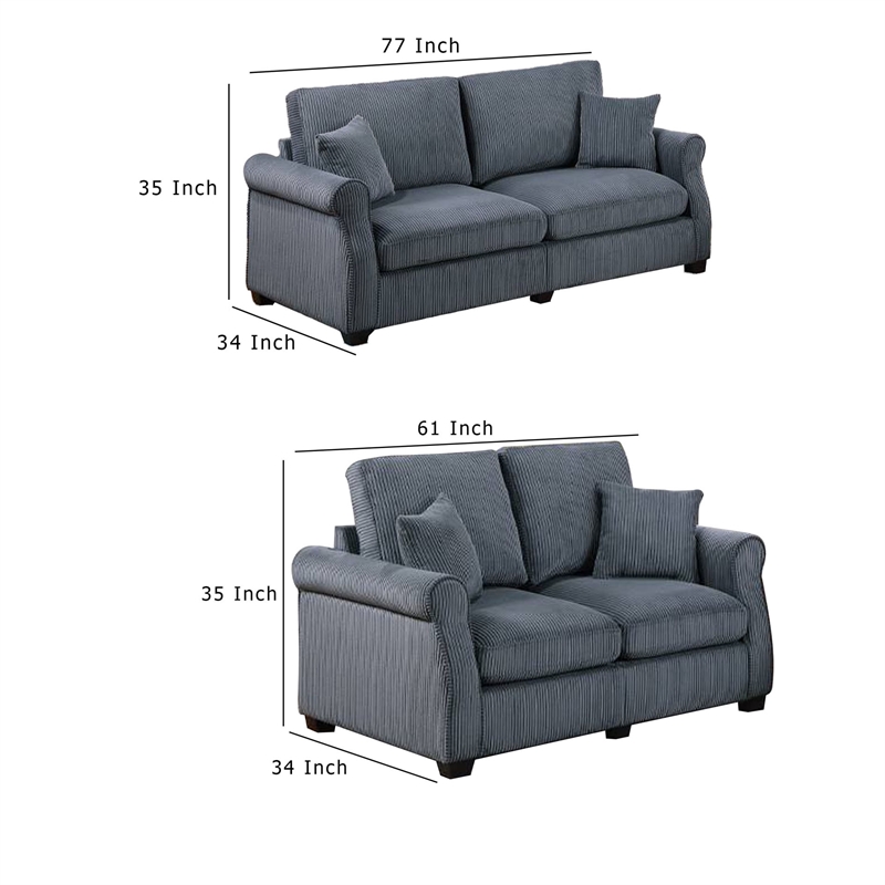 Jesica 2pc Loveseat n Sofa Set- 2 Pillows- Dark Gray Corduroy Fabric