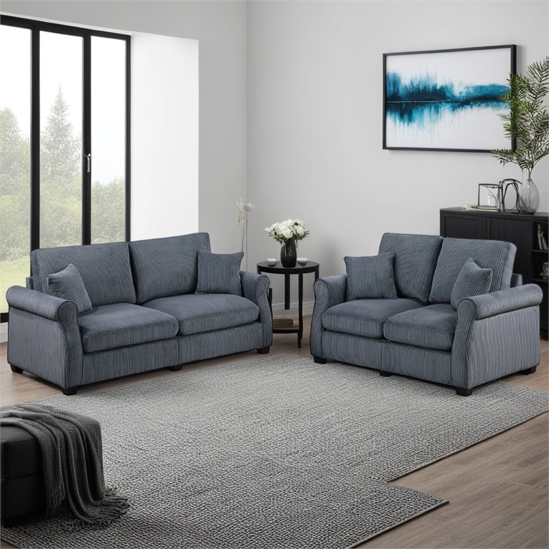 Jesica 2pc Loveseat n Sofa Set- 2 Pillows- Dark Gray Corduroy Fabric