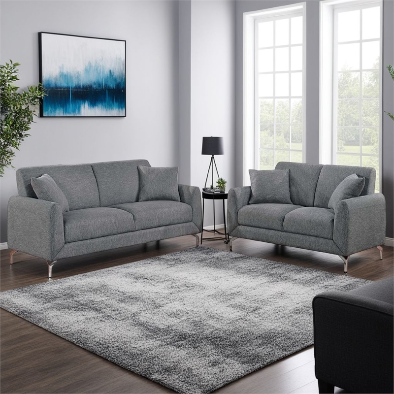 Rena 2pc Sofa and Loveseat Set- 2 Pillows- Dark Gray Burlap Fabric
