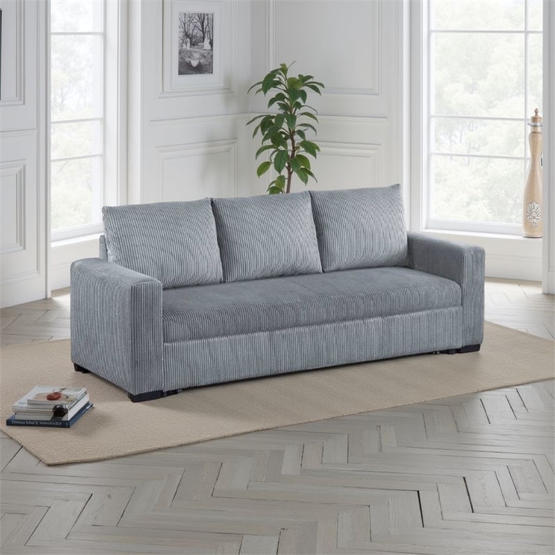Billy Convertible Pull Out Sofa Bed- Gray Corduroy-  85 Inch