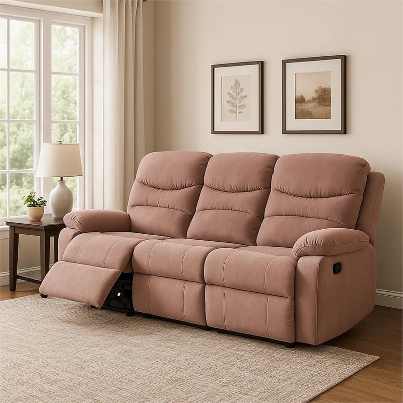 Karry Manual Recliner Sofa- Blush Pink Velvet- Solid Wood- 73 Inch