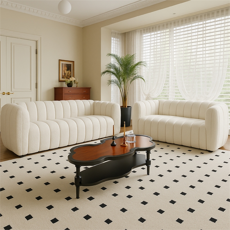 Hery Sofa and Loveseat Set- White Boucle- Vertical Channel Tufting