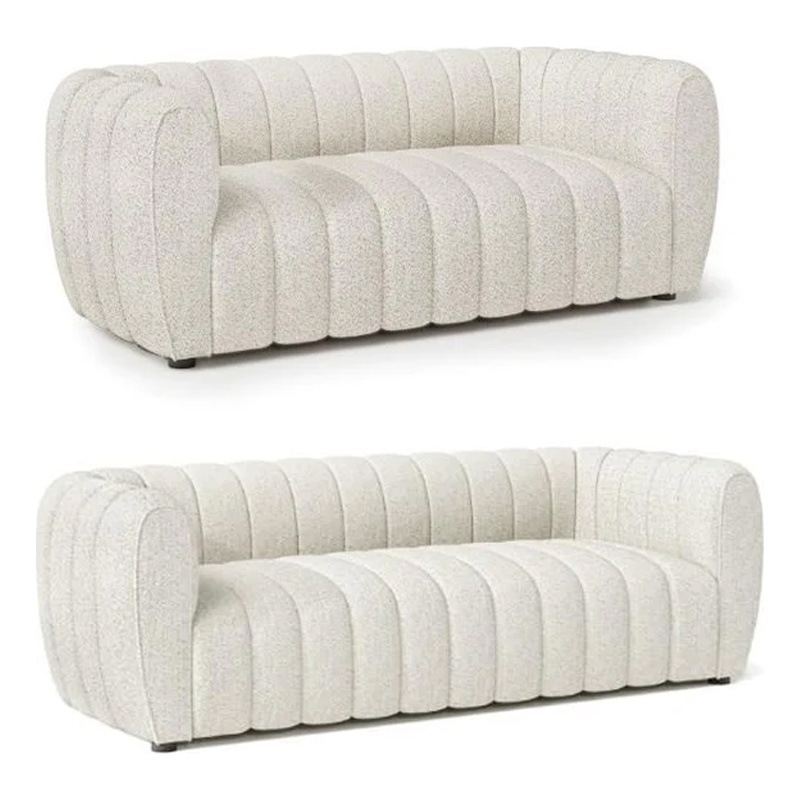 Hery Sofa and Loveseat Set- White Boucle- Vertical Channel Tufting