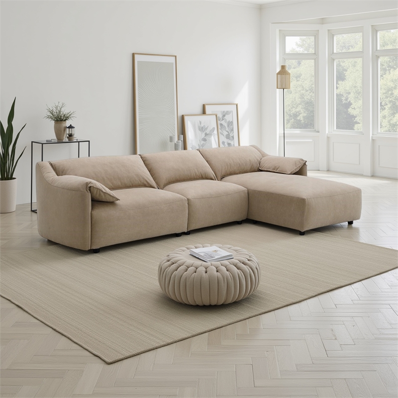 Vety L Shaped Sectional Sofa- Pillow Arm- Light Brown Nubuck Leather