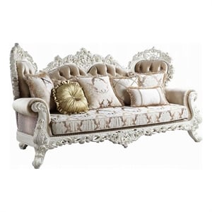 Kin Ornate Sofa- 7 Accent Pillows- Tufted Tan and Antique White
