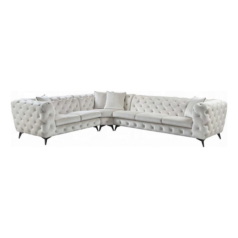Ronia Sectional Sofa- 4 Throw Pillows- Tufted Ivory White- 133 Inch