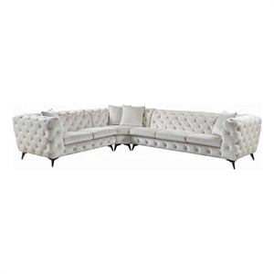 Ronia Sectional Sofa- 4 Throw Pillows- Tufted Ivory White- 133 Inch