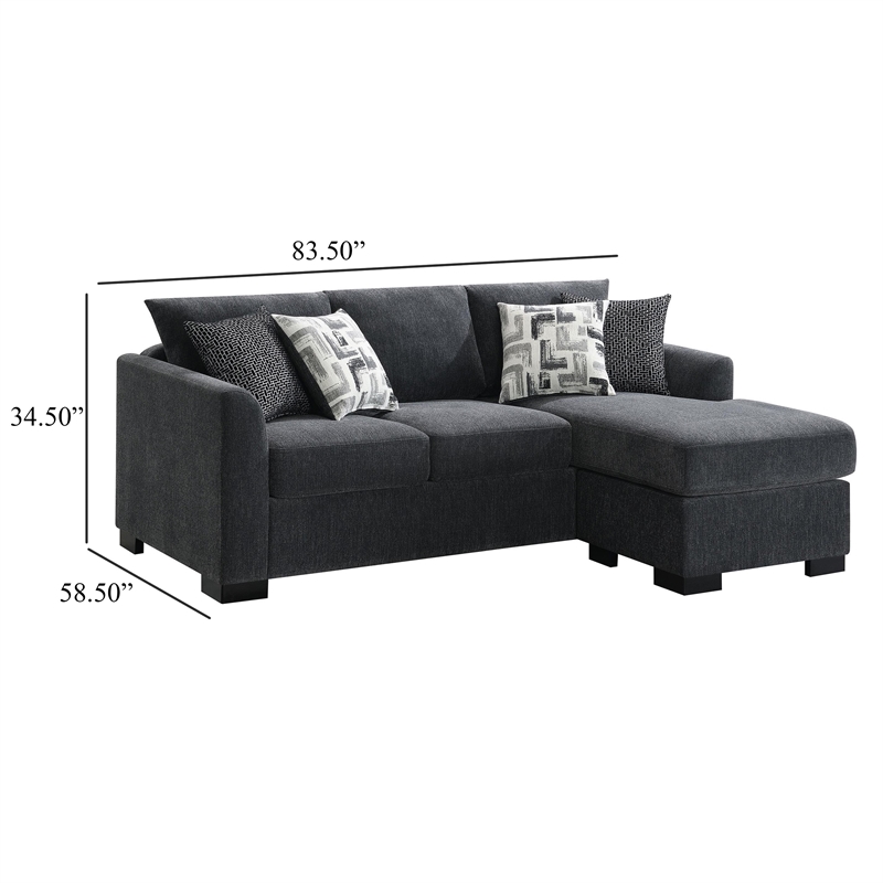 Storia Sleeper Sectional Chaise Sofa- Dark Gray- 4 Pillows- 84 Inch