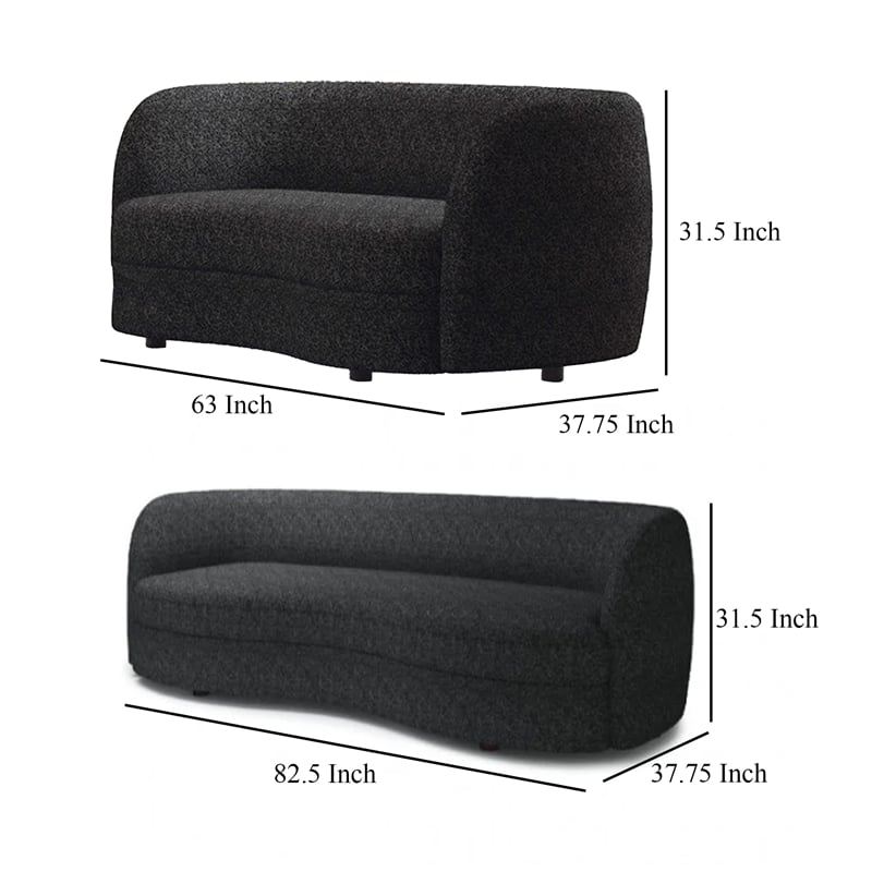 Srey 2pc Sofa and Loveseat Set- Black Boucle- Curved Kidney Shape