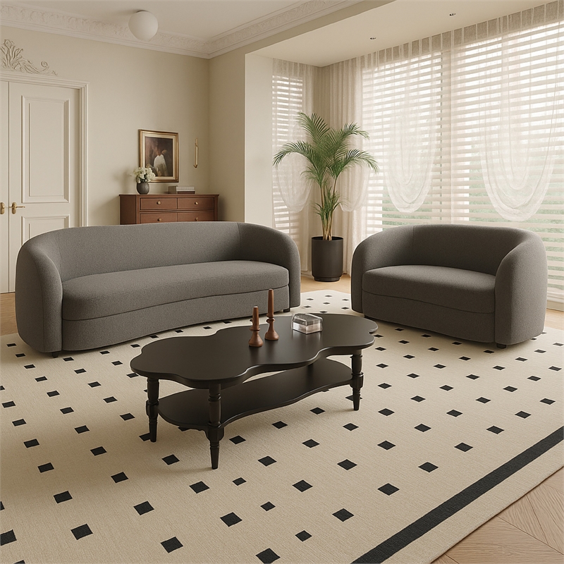 Srey 2pc Sofa and Loveseat Set- Gray Boucle- Curved Kidney Shape