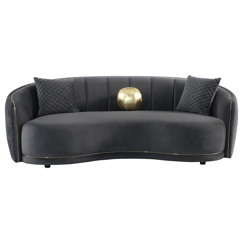 Buo Curved Sofa- 92 Inch- Dark Gray Polyester- Gold Trim- 3 Pillows