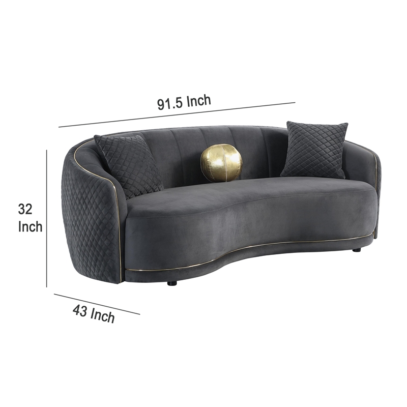 Buo Curved Sofa- 92 Inch- Dark Gray Polyester- Gold Trim- 3 Pillows