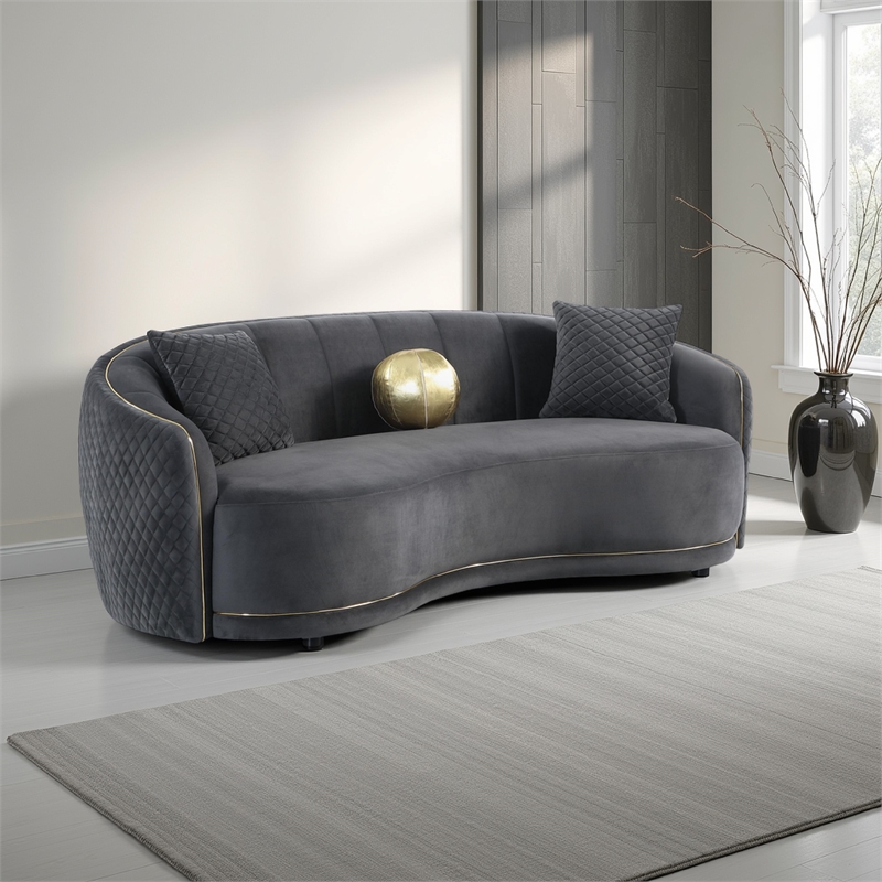 Buo Curved Sofa- 92 Inch- Dark Gray Polyester- Gold Trim- 3 Pillows