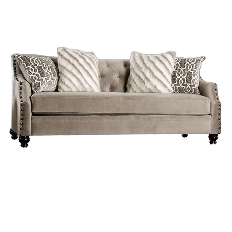 Erin Sofa Loveseat Set- 6 Large Pillows- Brown Small Weave Chenille