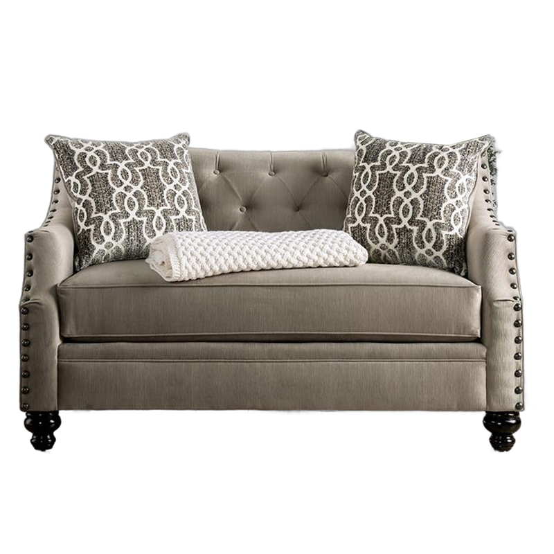 Erin Sofa Loveseat Set- 6 Large Pillows- Brown Small Weave Chenille