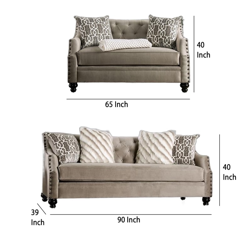Erin Sofa Loveseat Set- 6 Large Pillows- Brown Small Weave Chenille
