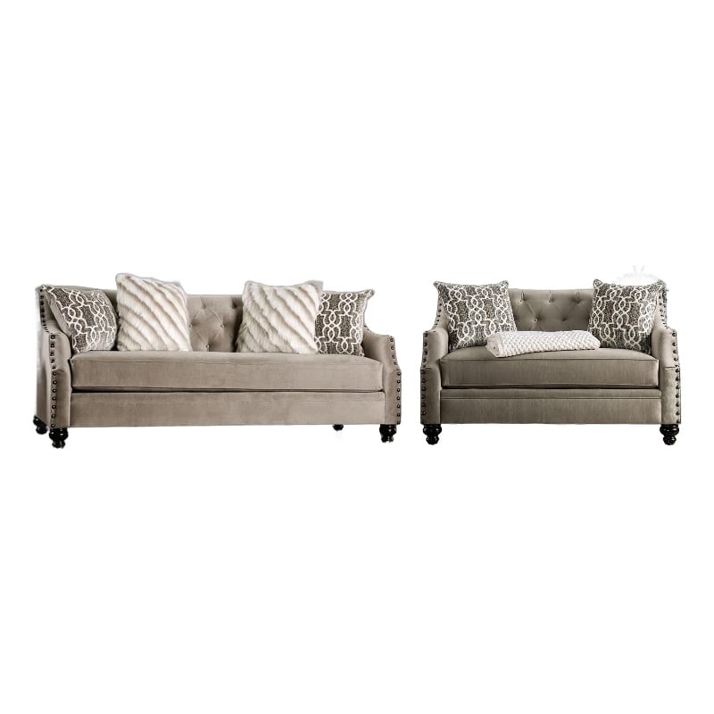 Erin Sofa Loveseat Set- 6 Large Pillows- Brown Small Weave Chenille