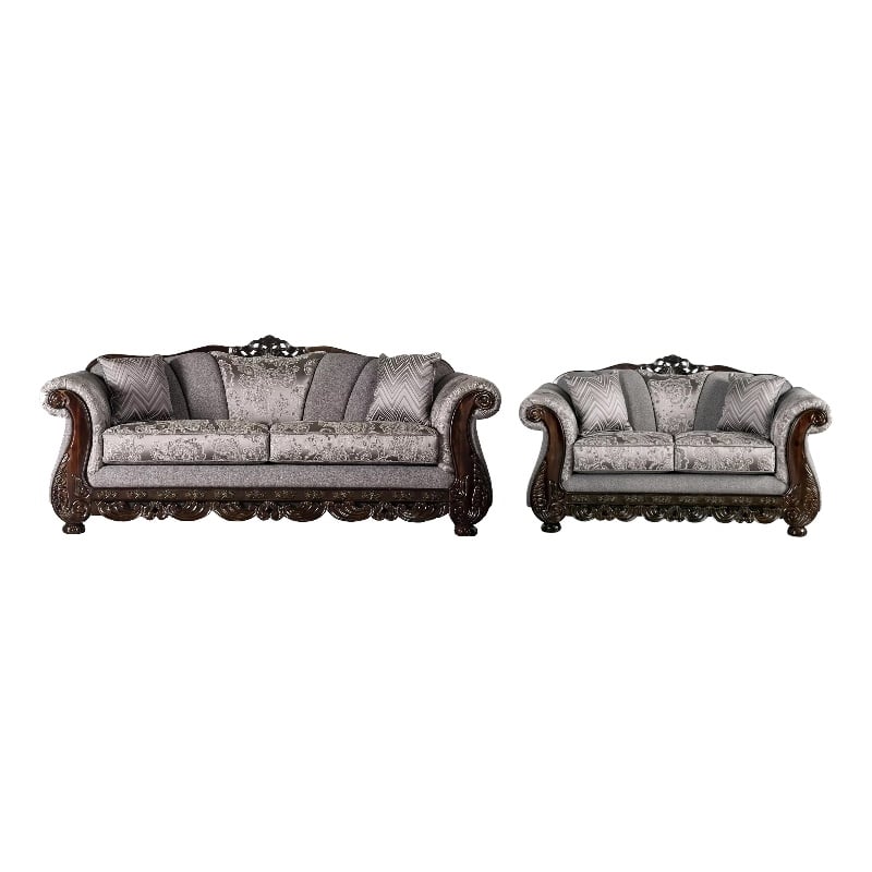 Delie 2pc Sofa Loveseat Set- Gray Chenille- 4 Accent Throw Pillows