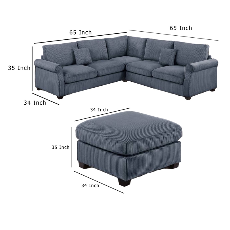 Fero 4pc L Sectional Sofa- Loveseat- Wedge- Ottoman Set- Gray Corduroy