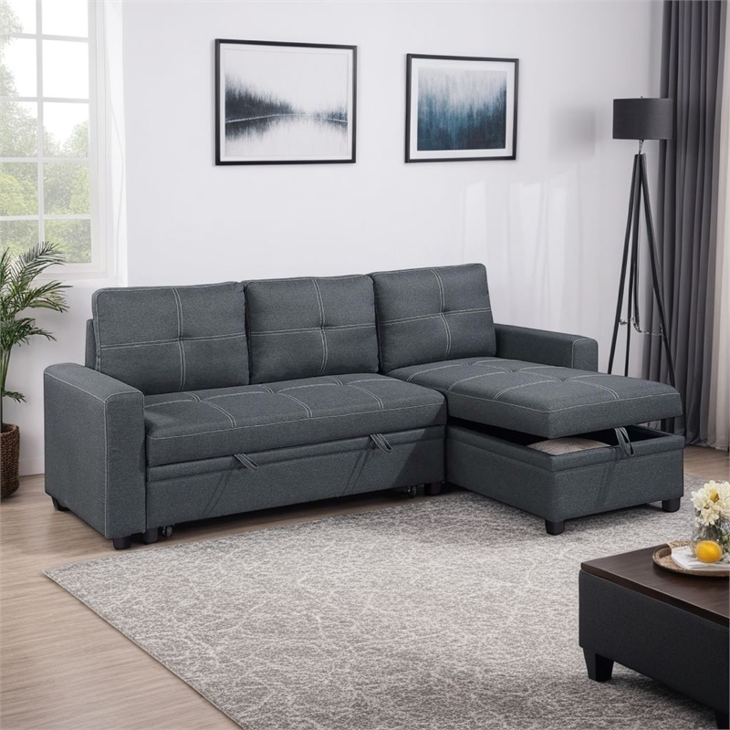 Gero Sectional Sofa Pull Out Bed- Reversible Storage Chaise- Dark Gray