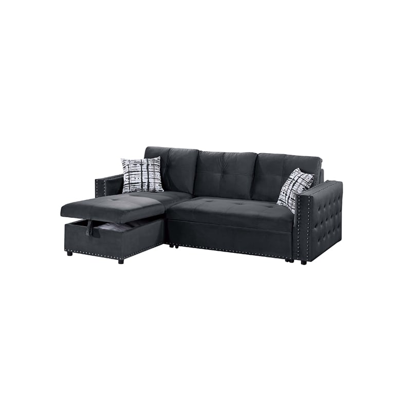 Ero Convertible Sectional Sofa- Storage Chaise- 2 Pillows Black Velvet