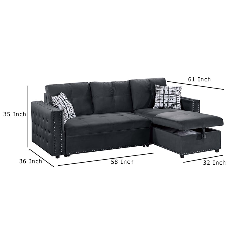 Ero Convertible Sectional Sofa- Storage Chaise- 2 Pillows Black Velvet