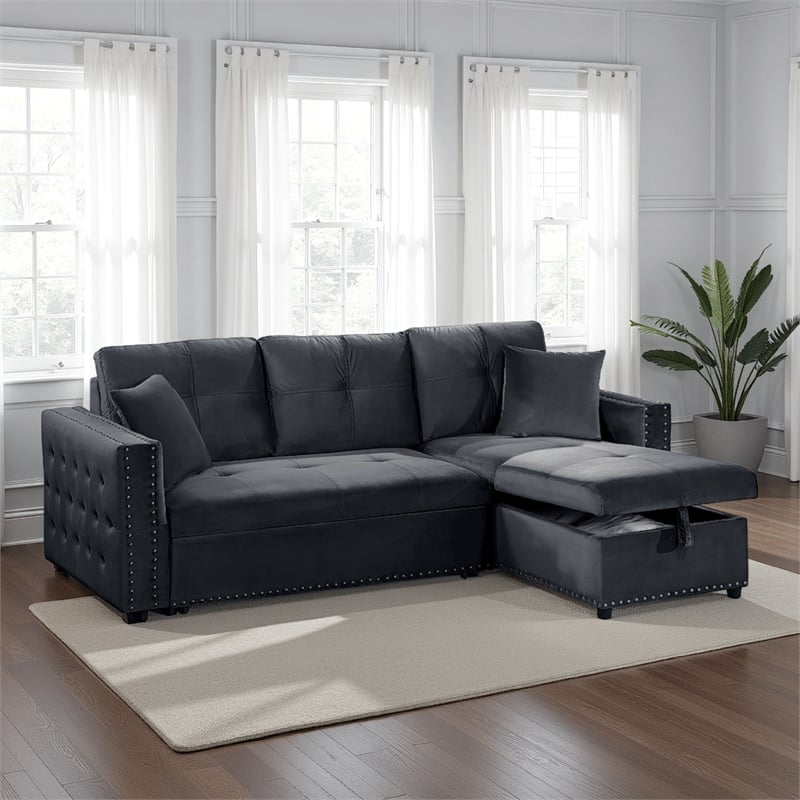 Ero Convertible Sectional Sofa- Storage Chaise- 2 Pillows Black Velvet