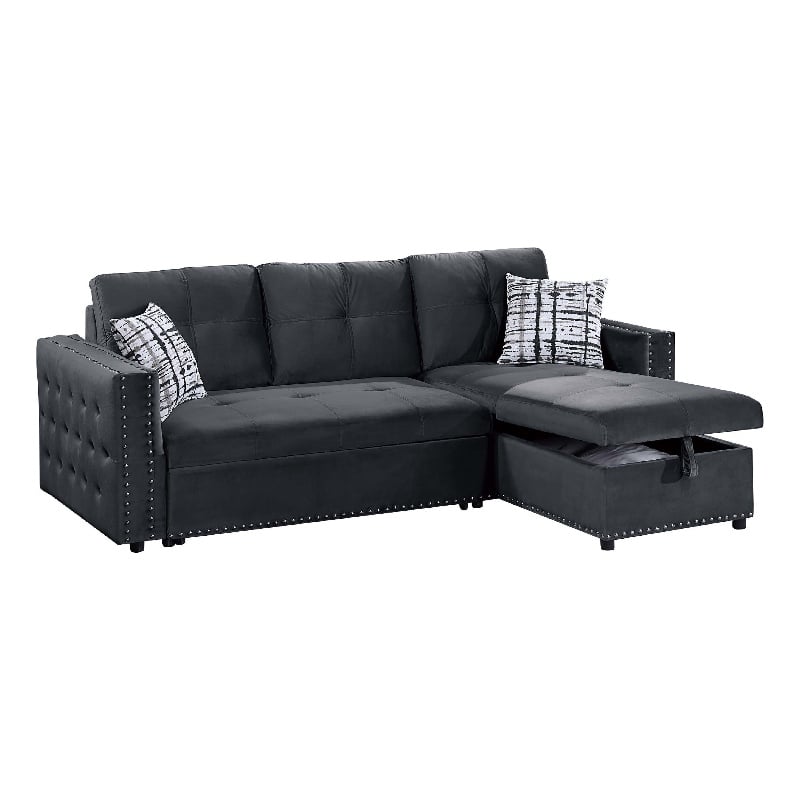 Ero Convertible Sectional Sofa- Storage Chaise- 2 Pillows Black Velvet