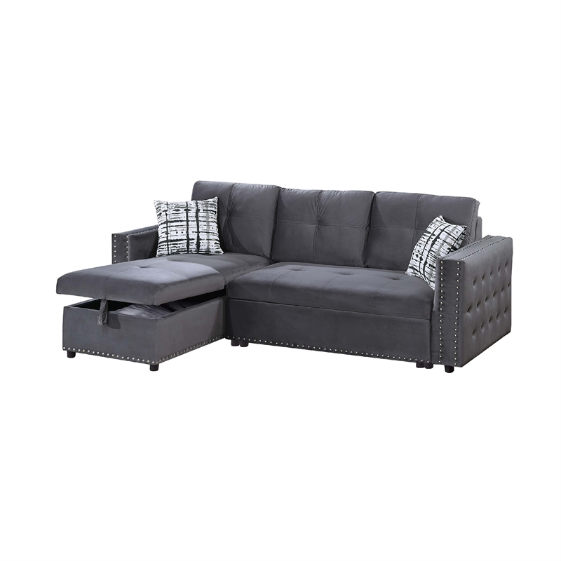 Ero Convertible Sectional Sofa- Storage Chaise- 2 Pillows- Gray Velvet