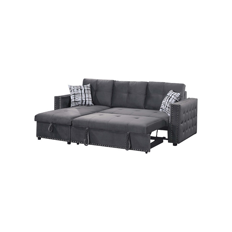 Ero Convertible Sectional Sofa- Storage Chaise- 2 Pillows- Gray Velvet