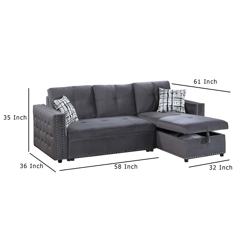 Ero Convertible Sectional Sofa- Storage Chaise- 2 Pillows- Gray Velvet