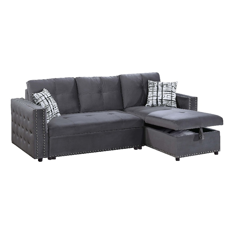 Ero Convertible Sectional Sofa- Storage Chaise- 2 Pillows- Gray Velvet