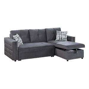 Ero Convertible Sectional Sofa- Storage Chaise- 2 Pillows- Gray Velvet