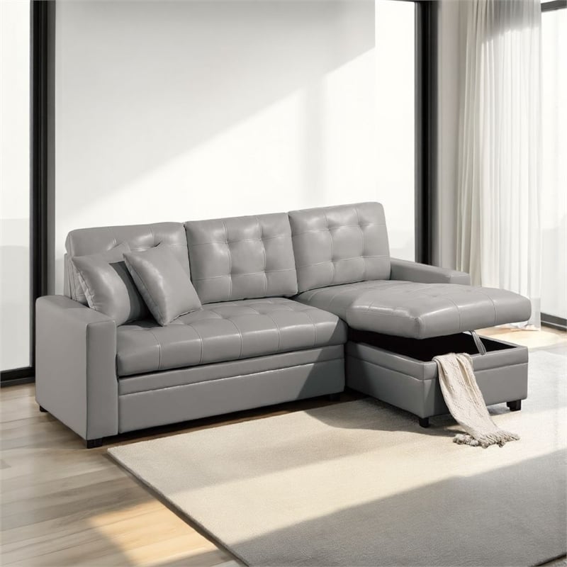 Dero Convertible Sectional Sofa Storage Chaise- Gray Faux Leather