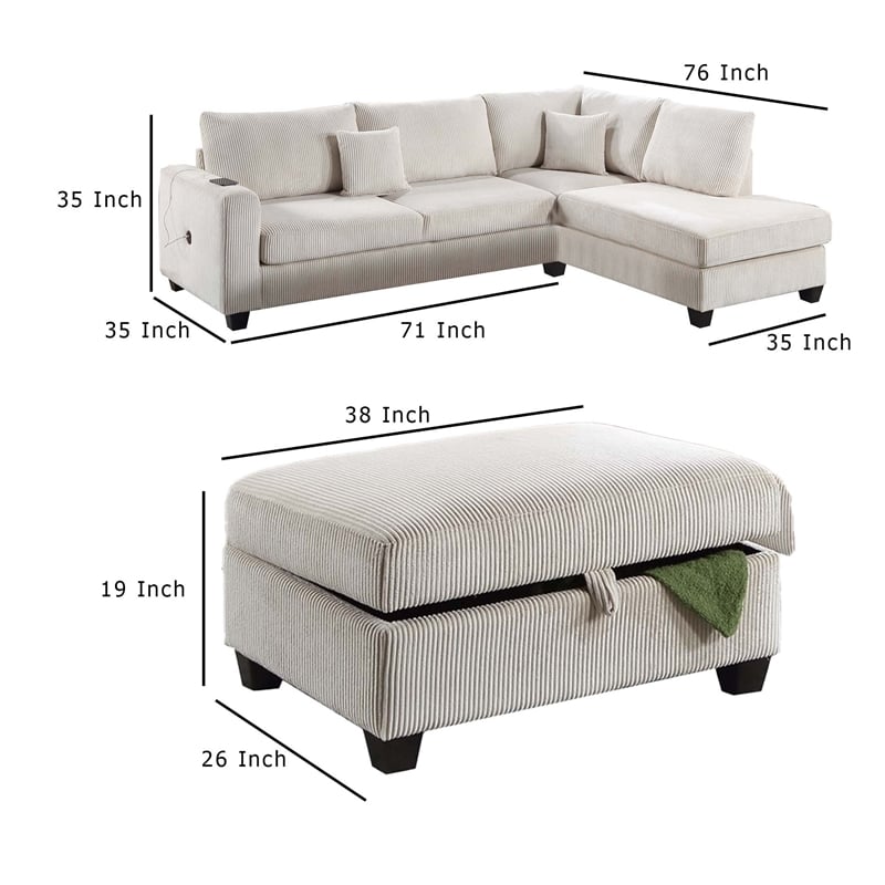 Roe 3pc Sectional Sofa Set with Chaise- Ottoman- 2 Pillows- Ivory