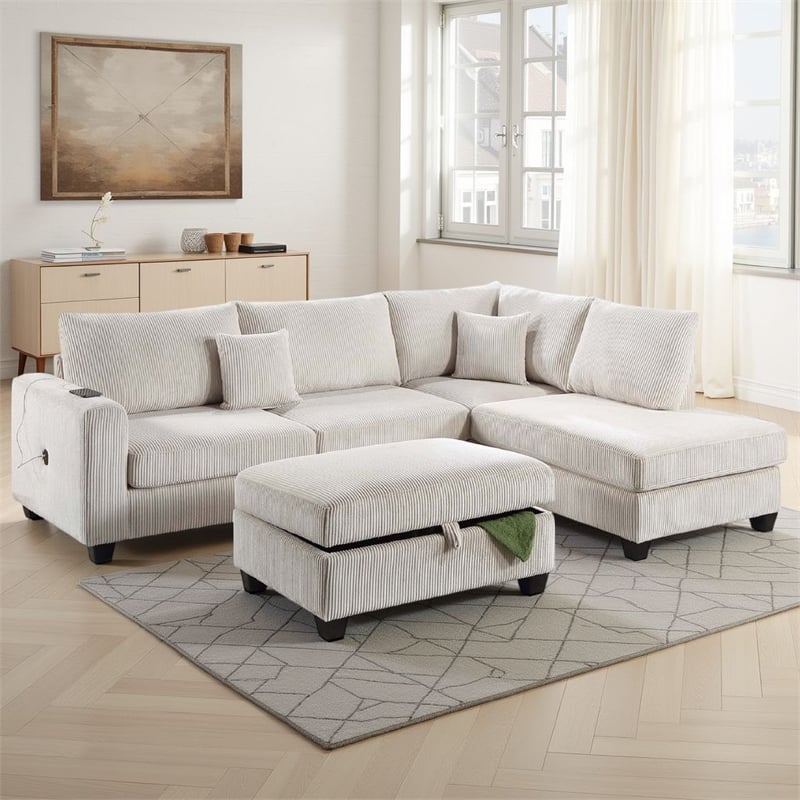 Roe 3pc Sectional Sofa Set with Chaise- Ottoman- 2 Pillows- Ivory