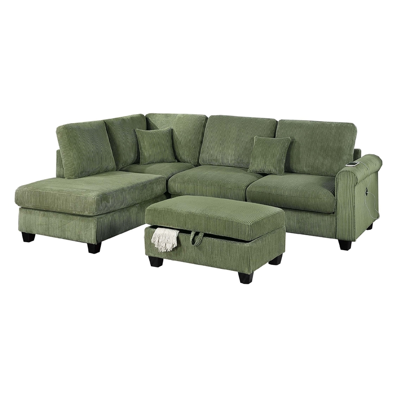 Roe 3pc Sectional Sofa Set w Chaise- Ottoman- 2 Pillows- Sage Green