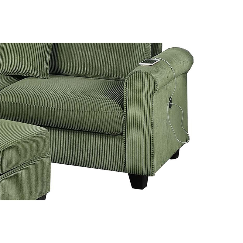 Roe 3pc Sectional Sofa Set w Chaise- Ottoman- 2 Pillows- Sage Green
