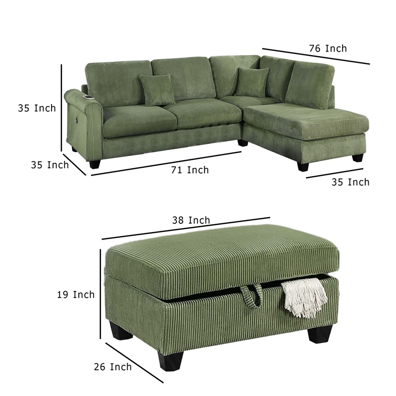 Roe 3pc Sectional Sofa Set w Chaise- Ottoman- 2 Pillows- Sage Green