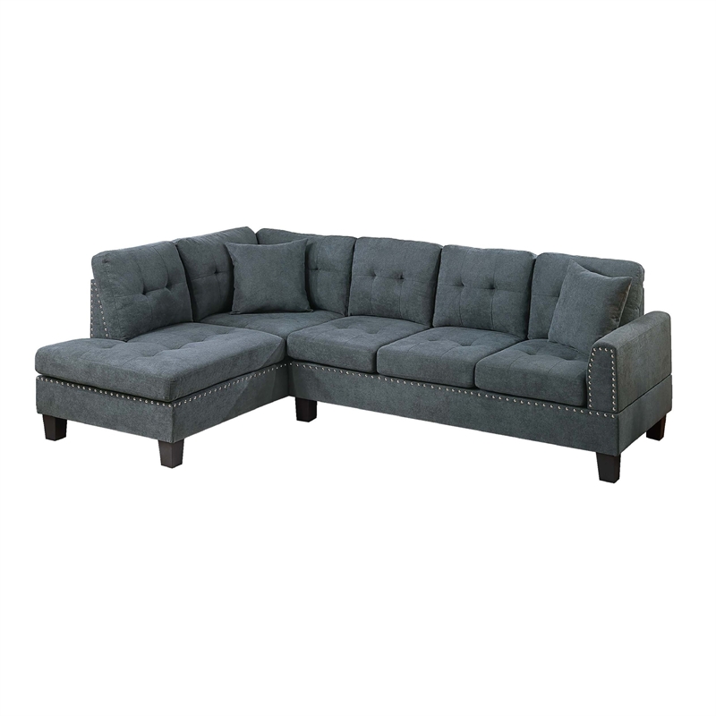 Dema 2pc Sectional Sofa Set- Chaise- 2 Pillows- Textured Black Velvet