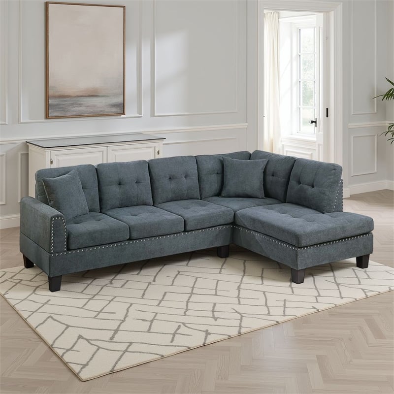 Dema 2pc Sectional Sofa Set- Chaise- 2 Pillows- Textured Black Velvet