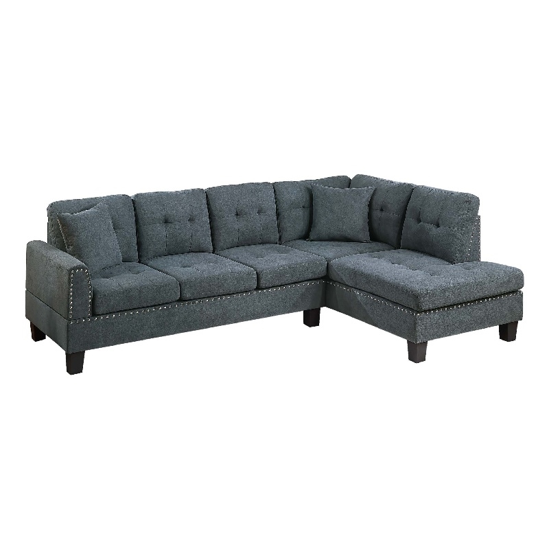 Dema 2pc Sectional Sofa Set- Chaise- 2 Pillows- Textured Black Velvet