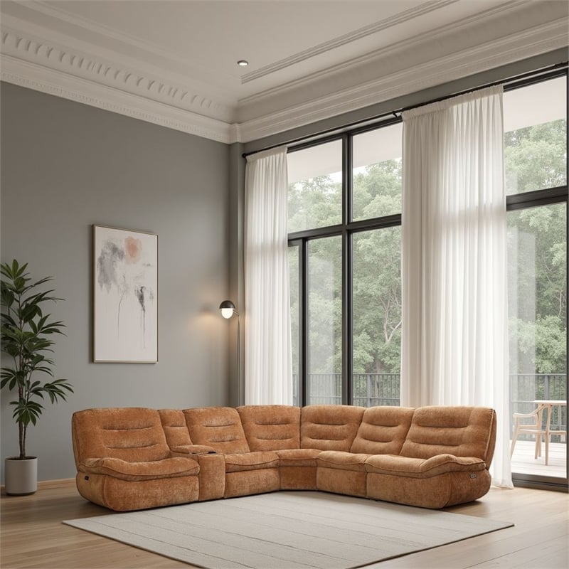 Emett Power Recliner Sectional Sofa- Cupholder- Orange Chenille 139in