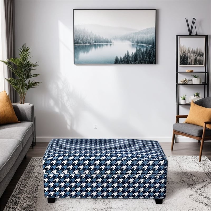 Colin Ottoman- Gray Blue White Houndstooth Polyester- 40in Rectangular