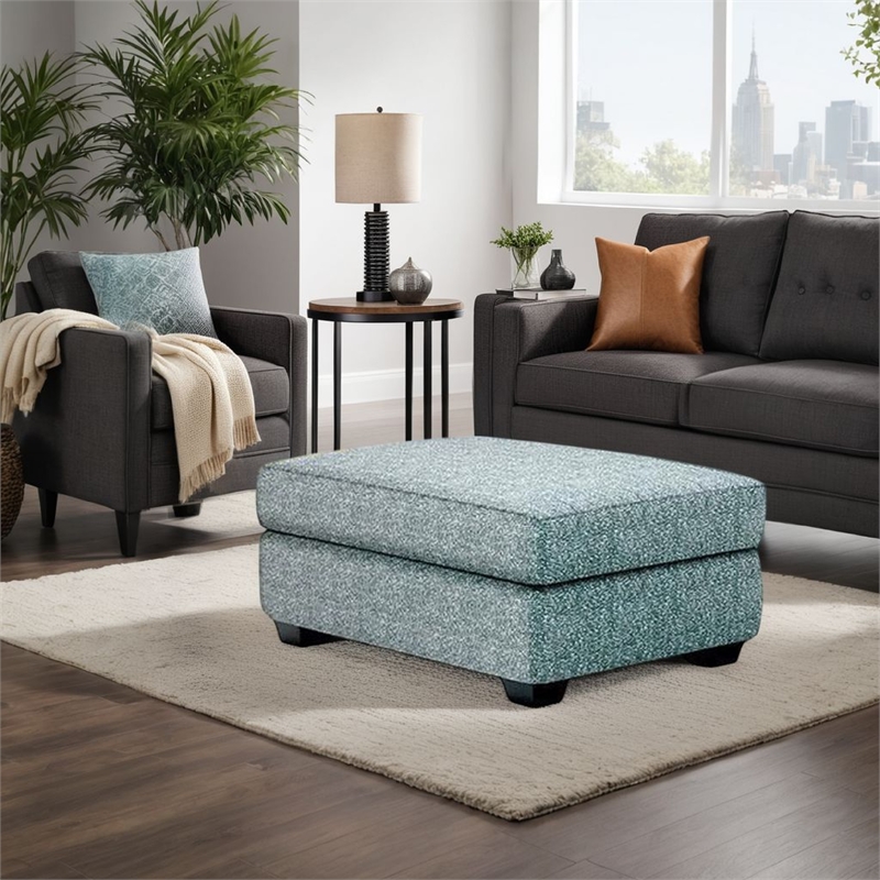 Berrie Ottoman- Teal Blue Polyester Cushioned Top- Black Wood- 40 Inch