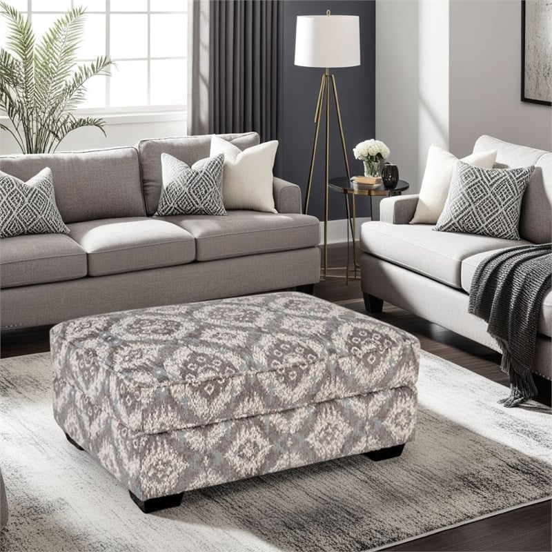 Berrie Ottoman- Geometric Gray White Polyester- Solid Wood- 40 Inch