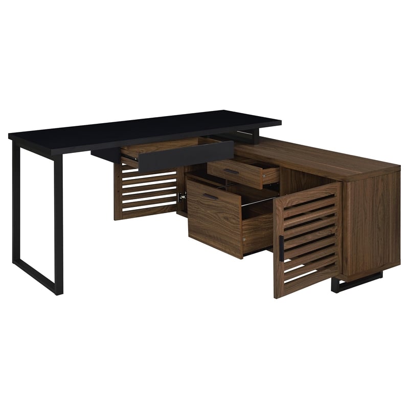 Doxx L Shape Computer Desk- 2 Doors Drawers Black Metal- Walnut Wood