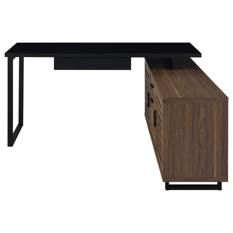Doxx L Shape Computer Desk- 2 Doors Drawers Black Metal- Walnut Wood