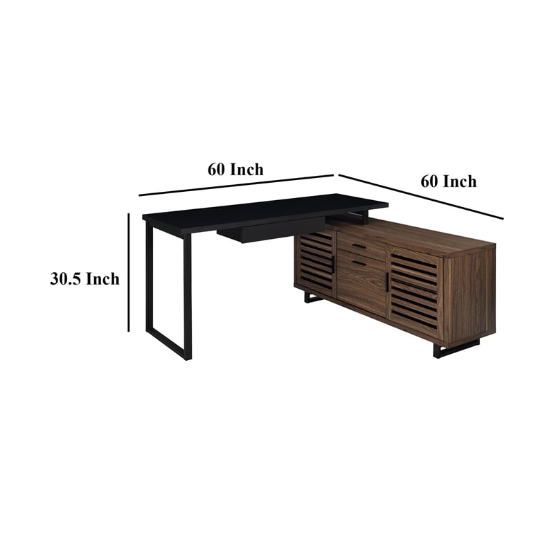 Doxx L Shape Computer Desk- 2 Doors Drawers Black Metal- Walnut Wood